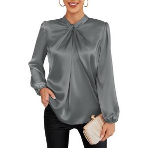 GRACE KARIN Women’s Long Sleeve Satin Blouse,Mock Neck Work Silk Shirts,Dressy Tops for Business Casual Office(Dark Gray)