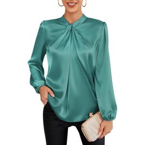 GRACE KARIN Women’s Long Sleeve Satin Blouse,Mock Neck Work Silk Shirts,Dressy Tops for Business Casual Office(Gray Green)