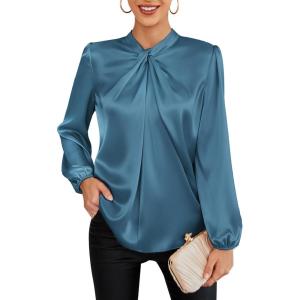 GRACE KARIN Women’s Long Sleeve Satin Blouse,Mock Neck Work Silk Shirts,Dressy Tops for Business Casual Office(Grey Blue)