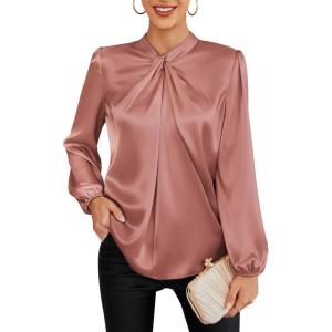 GRACE KARIN Women’s Long Sleeve Satin Blouse,Mock Neck Work Silk Shirts,Dressy Tops for Business Casual Office(Light Pink)