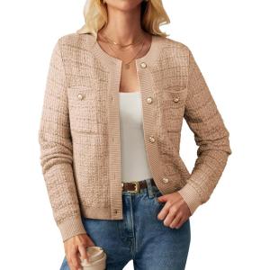 GRACE KARIN Womens Open Front Button Down Long Sleeve Texture Knit Cardigan Sweaters with Pockets(Apricot)