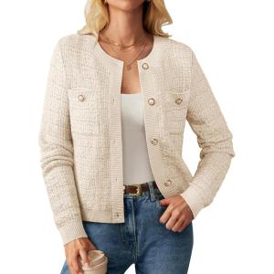 GRACE KARIN Womens Open Front Button Down Long Sleeve Texture Knit Cardigan Sweaters with Pockets(Beige)