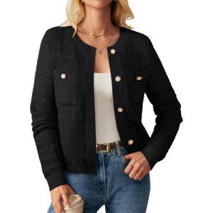 GRACE KARIN Womens Open Front Button Down Long Sleeve Texture Knit Cardigan Sweaters with Pockets(Black)