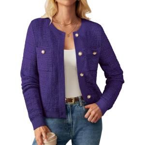GRACE KARIN Womens Open Front Button Down Long Sleeve Texture Knit Cardigan Sweaters with Pockets(Dark Purple)