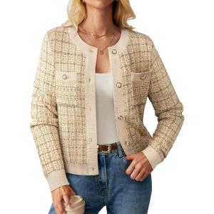 GRACE KARIN Womens Open Front Button Down Long Sleeve Texture Knit Cardigan Sweaters with Pockets(Light Khaki)