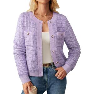 GRACE KARIN Womens Open Front Button Down Long Sleeve Texture Knit Cardigan Sweaters with Pockets(Lilac)