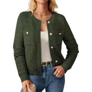 GRACE KARIN Womens Open Front Button Down Long Sleeve Texture Knit Cardigan Sweaters with Pockets(Olive Green)