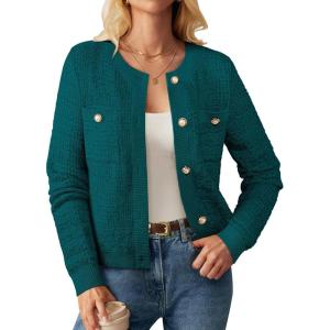 GRACE KARIN Womens Open Front Button Down Long Sleeve Texture Knit Cardigan Sweaters with Pockets(Teal)