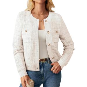 GRACE KARIN Womens Open Front Button Down Long Sleeve Texture Knit Cardigan Sweaters with Pockets(White)