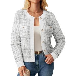 GRACE KARIN Womens Open Front Button Down Long Sleeve Texture Knit Cardigan Sweaters with Pockets(White Black)