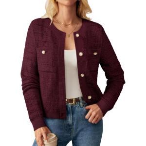 GRACE KARIN Womens Open Front Button Down Long Sleeve Texture Knit Cardigan Sweaters with Pockets(Wine Red)