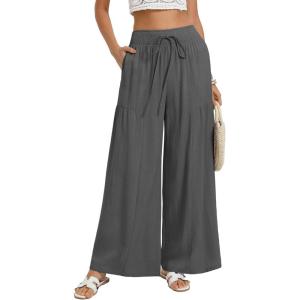 GRACE KARIN Womens Palazzo Pants Summer High Waist Boho Wide Leg Casual Flowy Pants Beach Vacation Outfits with Pockets(Grey)