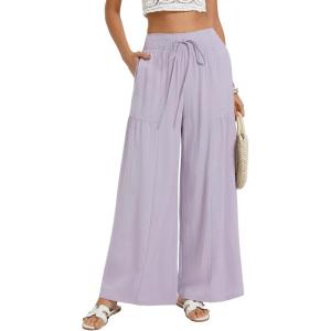 GRACE KARIN Womens Palazzo Pants Summer High Waist Boho Wide Leg Casual Flowy Pants Beach Vacation Outfits with Pockets(Purple)
