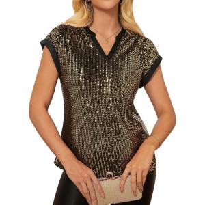GRACE KARIN Women’s Sequin Sparkly Tops Cap Sleeve Dressy Blouses Glitter Party Tops V Neck Disco Shirts Club Concert Outfits(Black Gold)