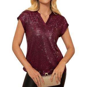 GRACE KARIN Women’s Sequin Sparkly Tops Cap Sleeve Dressy Blouses Glitter Party Tops V Neck Disco Shirts Club Concert Outfits(Burgundy)