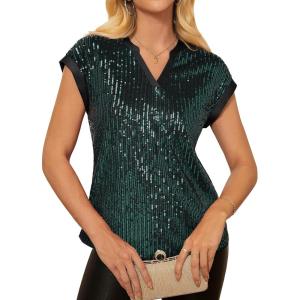 GRACE KARIN Women’s Sequin Sparkly Tops Cap Sleeve Dressy Blouses Glitter Party Tops V Neck Disco Shirts Club Concert Outfits(Dark Green)