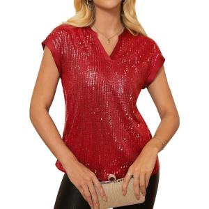 GRACE KARIN Women’s Sequin Sparkly Tops Cap Sleeve Dressy Blouses Glitter Party Tops V Neck Disco Shirts Club Concert Outfits(Red)
