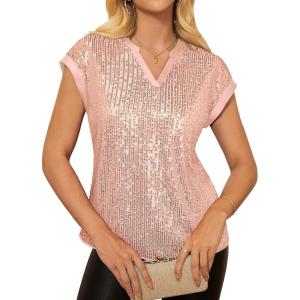 GRACE KARIN Women’s Sequin Sparkly Tops Cap Sleeve Dressy Blouses Glitter Party Tops V Neck Disco Shirts Club Concert Outfits(Rose Gold Pink)