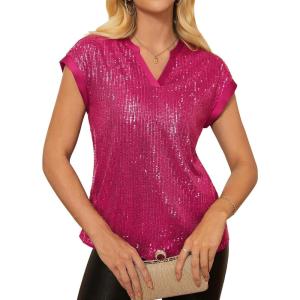 GRACE KARIN Women’s Sequin Sparkly Tops Cap Sleeve Dressy Blouses Glitter Party Tops V Neck Disco Shirts Club Concert Outfits(Rose Red)
