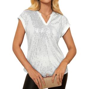 GRACE KARIN Women’s Sequin Sparkly Tops Cap Sleeve Dressy Blouses Glitter Party Tops V Neck Disco Shirts Club Concert Outfits(Silver)