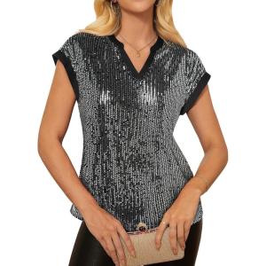 GRACE KARIN Women’s Sequin Sparkly Tops Cap Sleeve Dressy Blouses Glitter Party Tops V Neck Disco Shirts Club Concert Outfits(Silver Black)