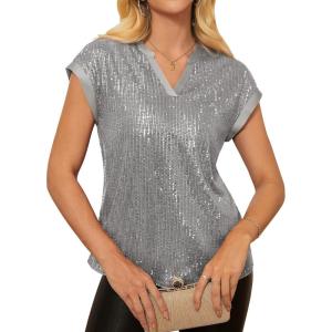 GRACE KARIN Women’s Sequin Sparkly Tops Cap Sleeve Dressy Blouses Glitter Party Tops V Neck Disco Shirts Club Concert Outfits(Silver Grey)