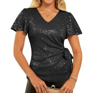 GRACE KARIN Womens Sequin Tops 2025 Ruffle Sleeve Sparkly Shirt, Glitter Party Blouses Dressy Concert Disco Outfits(Black)