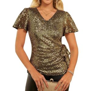 GRACE KARIN Womens Sequin Tops 2025 Ruffle Sleeve Sparkly Shirt, Glitter Party Blouses Dressy Concert Disco Outfits(Black Gold)