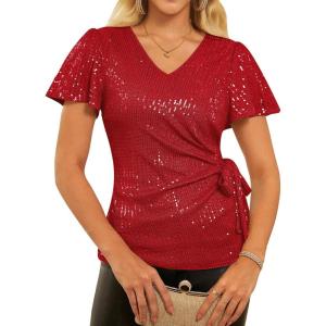 GRACE KARIN Womens Sequin Tops 2025 Ruffle Sleeve Sparkly Shirt, Glitter Party Blouses Dressy Concert Disco Outfits(Red)
