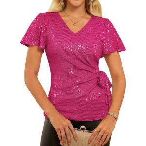GRACE KARIN Womens Sequin Tops 2025 Ruffle Sleeve Sparkly Shirt, Glitter Party Blouses Dressy Concert Disco Outfits(Rose Red)