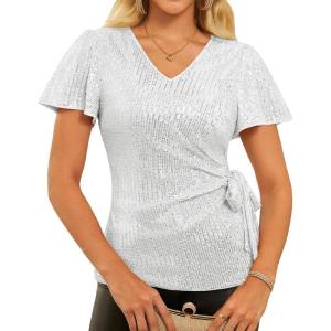 GRACE KARIN Womens Sequin Tops 2025 Ruffle Sleeve Sparkly Shirt, Glitter Party Blouses Dressy Concert Disco Outfits(Silver)