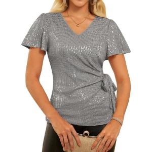 GRACE KARIN Womens Sequin Tops 2025 Ruffle Sleeve Sparkly Shirt, Glitter Party Blouses Dressy Concert Disco Outfits(Silver Grey)
