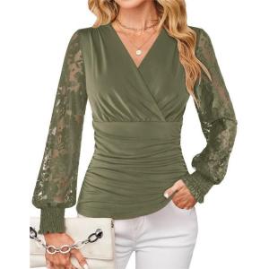 GRACE KARIN Womens Tops Dressy Casual, Elegant Lace Sleeve Shirts Wrap Ruched Blouses, 2026 Spring Fashion Outfits(Army Green)