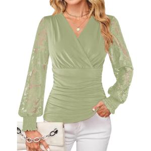 GRACE KARIN Womens Tops Dressy Casual, Elegant Lace Sleeve Shirts Wrap Ruched Blouses, 2026 Spring Fashion Outfits(Bean Green)