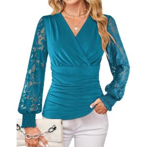GRACE KARIN Womens Tops Dressy Casual, Elegant Lace Sleeve Shirts Wrap Ruched Blouses, 2026 Spring Fashion Outfits(Blue Green)