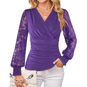 GRACE KARIN Womens Tops Dressy Casual, Elegant Lace Sleeve Shirts Wrap Ruched Blouses, 2026 Spring Fashion Outfits(Dark Purple)