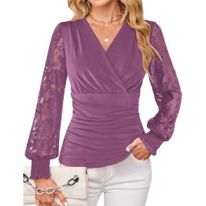 GRACE KARIN Womens Tops Dressy Casual, Elegant Lace Sleeve Shirts Wrap Ruched Blouses, 2026 Spring Fashion Outfits(Dusty Purple)