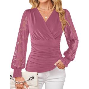 GRACE KARIN Womens Tops Dressy Casual, Elegant Lace Sleeve Shirts Wrap Ruched Blouses, 2026 Spring Fashion Outfits(Fuchsia)