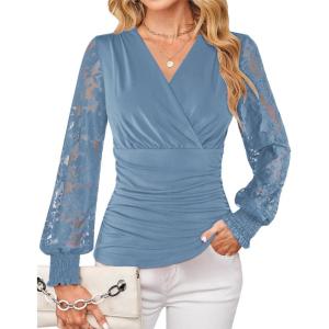 GRACE KARIN Womens Tops Dressy Casual, Elegant Lace Sleeve Shirts Wrap Ruched Blouses, 2026 Spring Fashion Outfits(Haze Blue)