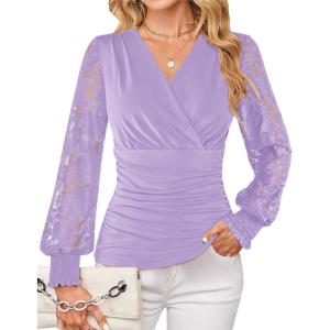 GRACE KARIN Womens Tops Dressy Casual, Elegant Lace Sleeve Shirts Wrap Ruched Blouses, 2026 Spring Fashion Outfits(Purple)