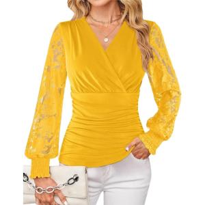 GRACE KARIN Womens Tops Dressy Casual, Elegant Lace Sleeve Shirts Wrap Ruched Blouses, 2026 Spring Fashion Outfits(Yellow)