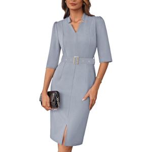 GRACE KARIN Women’s Work Dress 3/4 Sleeve V Neck Bodycon Sheath Dress Zipper Up Office Business Dresses with Belt(Light Gray)