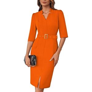 GRACE KARIN Women’s Work Dress 3/4 Sleeve V Neck Bodycon Sheath Dress Zipper Up Office Business Dresses with Belt(Orange)