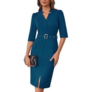 GRACE KARIN Women’s Work Dress 3/4 Sleeve V Neck Bodycon Sheath Dress Zipper Up Office Business Dresses with Belt(Peacock Blue)