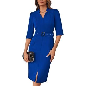 GRACE KARIN Women’s Work Dress 3/4 Sleeve V Neck Bodycon Sheath Dress Zipper Up Office Business Dresses with Belt(Royal Blue)