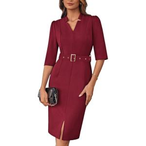 GRACE KARIN Women’s Work Dress 3/4 Sleeve V Neck Bodycon Sheath Dress Zipper Up Office Business Dresses with Belt(Wine Red)