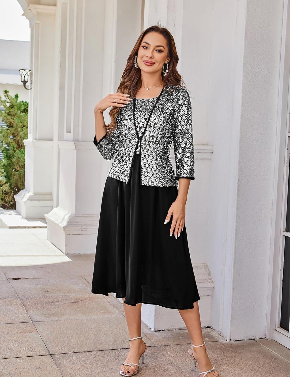 imageGRACE KARIN 2025 Mother of The Bride Dresses Wedding Guest Party Dress Two Piece DressBlack Silver