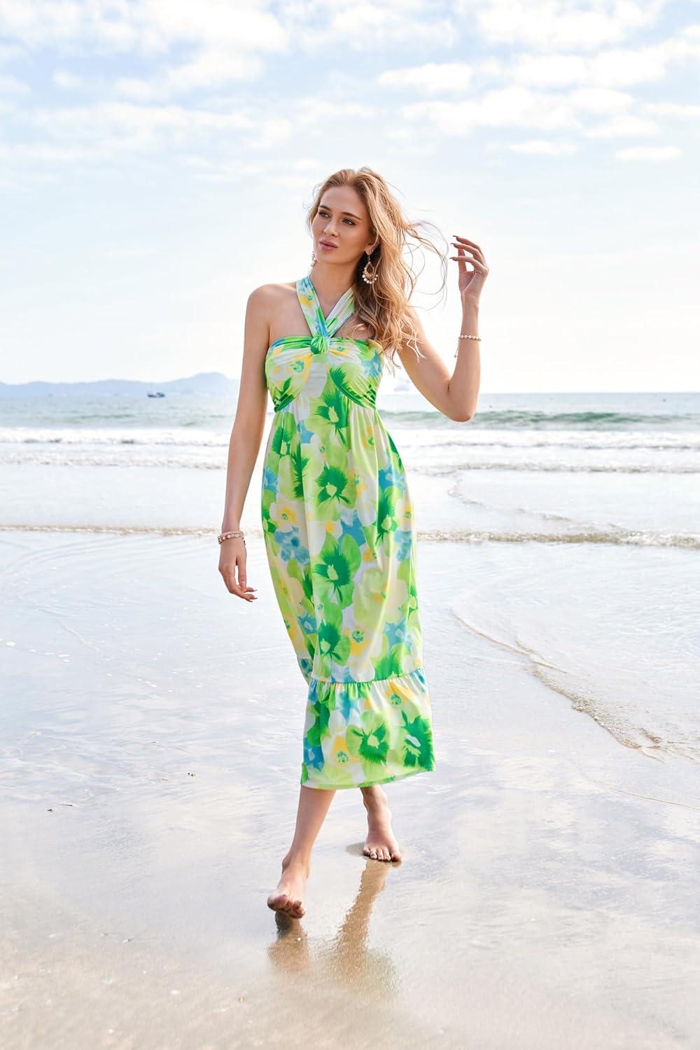 imageGRACE KARIN 2025 Womens Criss Cross Halterneck Sleeveless Summer Floral Print Flowy A Line Maxi DressGreen Viola