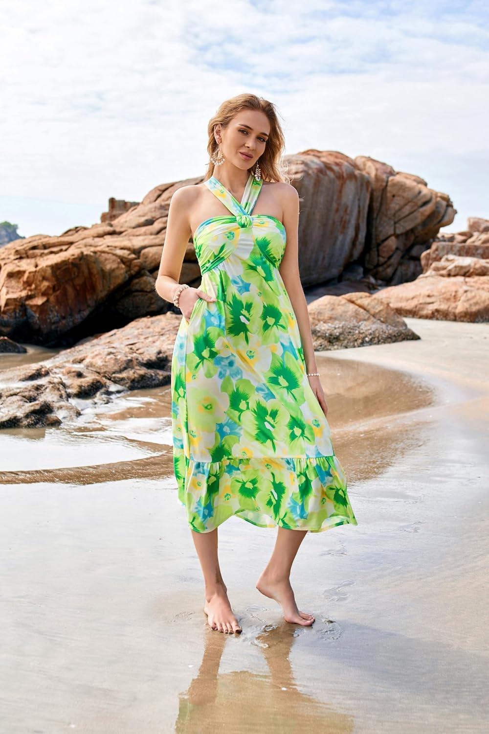 imageGRACE KARIN 2025 Womens Criss Cross Halterneck Sleeveless Summer Floral Print Flowy A Line Maxi DressGreen Viola