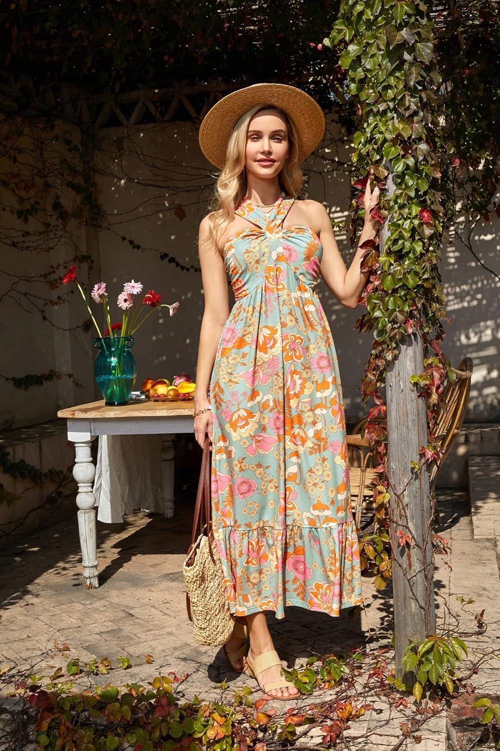 imageGRACE KARIN 2025 Womens Criss Cross Halterneck Sleeveless Summer Floral Print Flowy A Line Maxi DressGreygreen